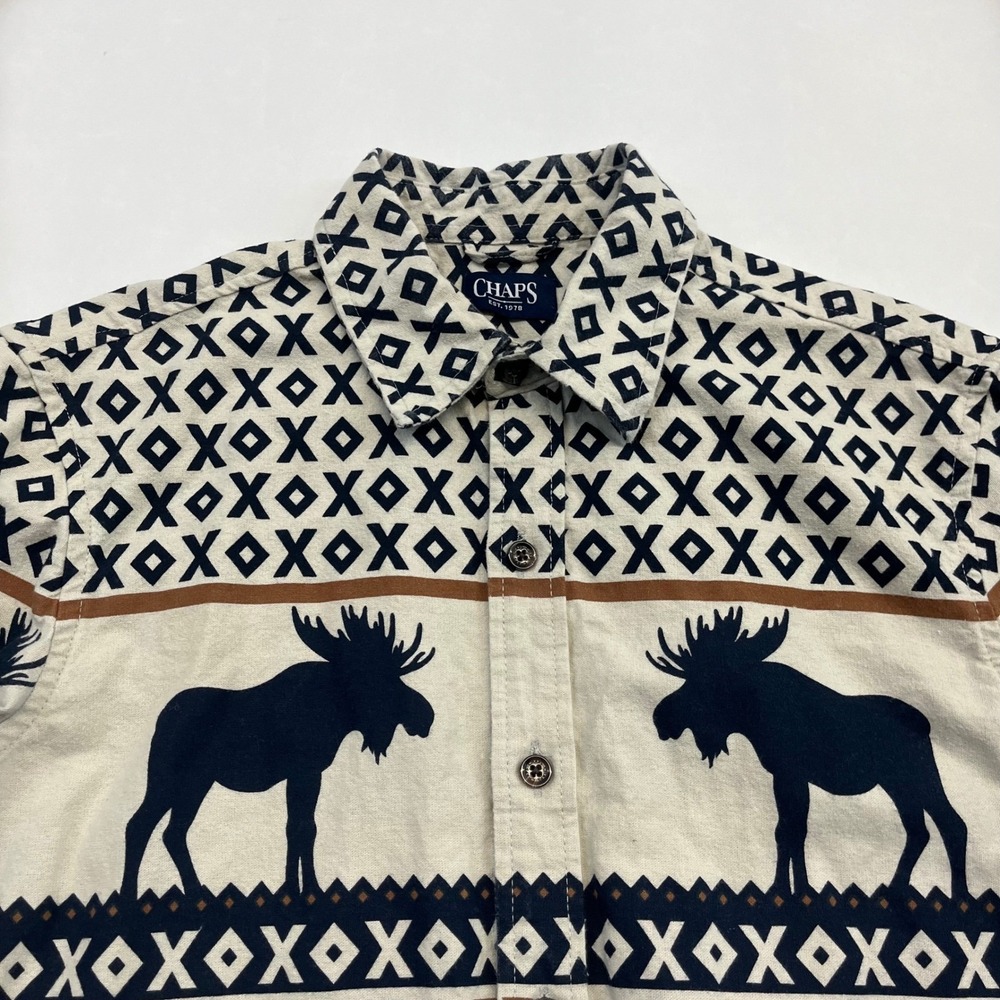 Chaps‎ Button Down Mens Cream Moose Fair Isle Cabin Medium Long Sleeve Shirt - Picture 7 of 8